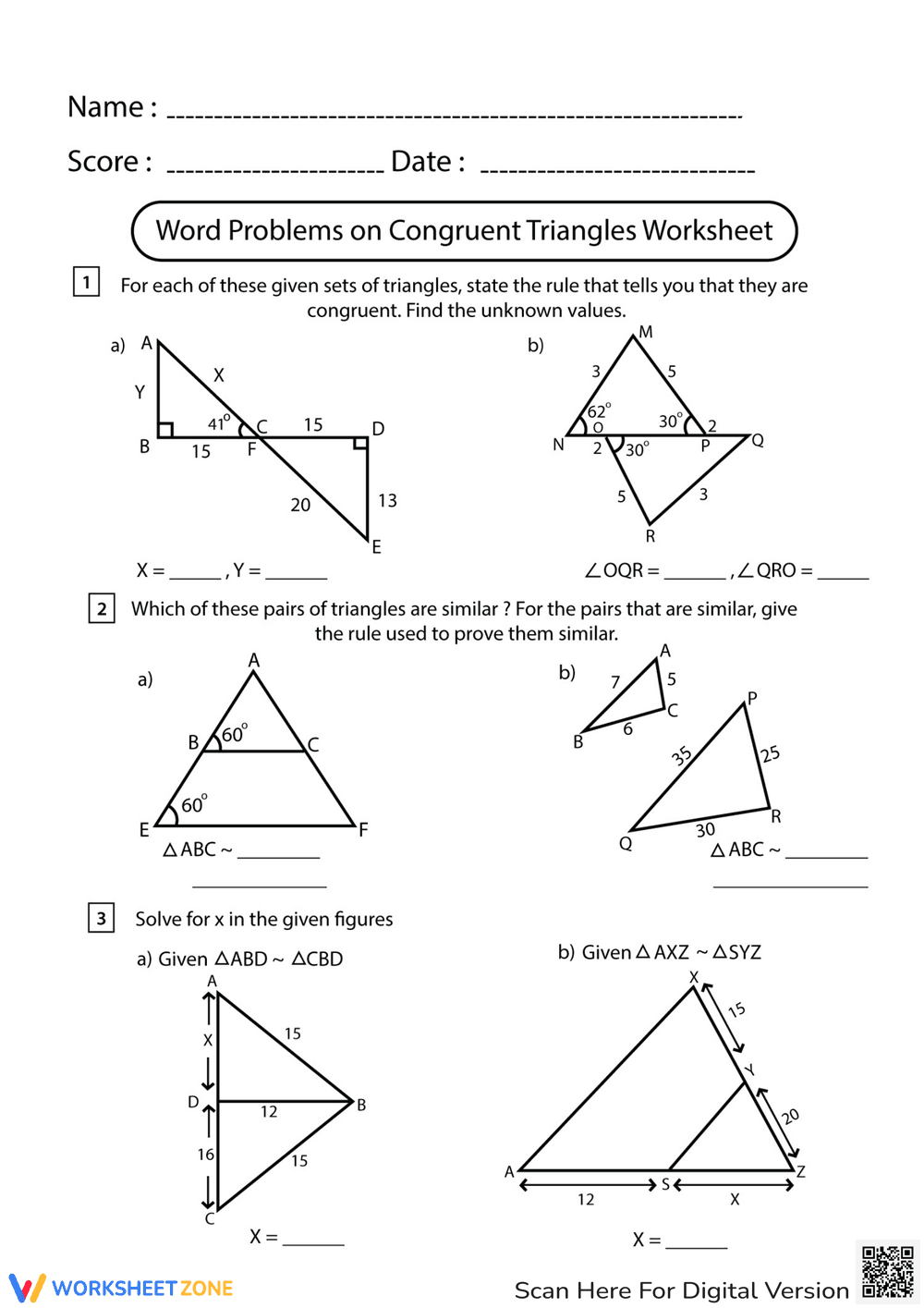 Congruent Triangles Word Problems - Page 1