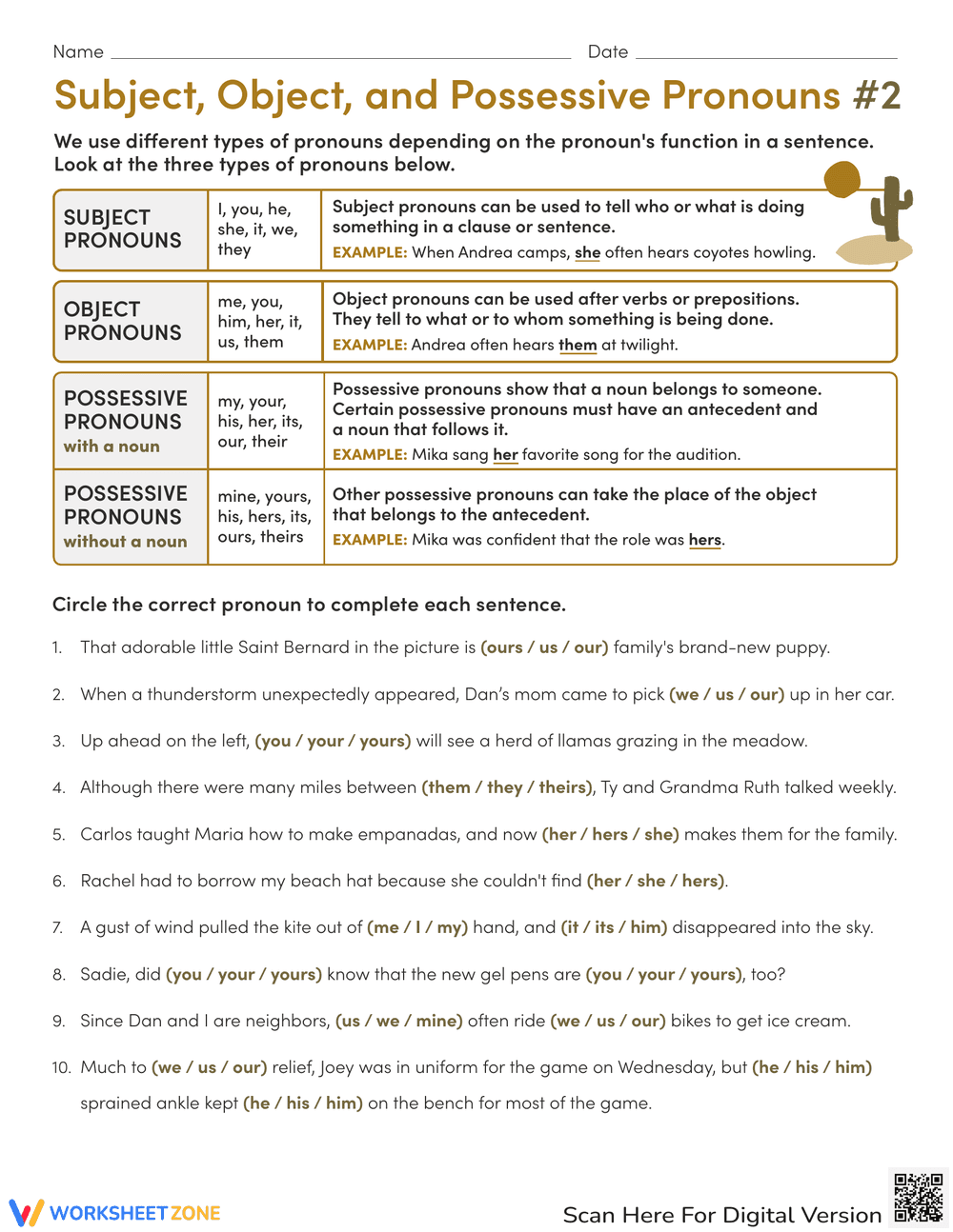 Subject, Object, and Possessive Pronouns Worksheet - Page 1