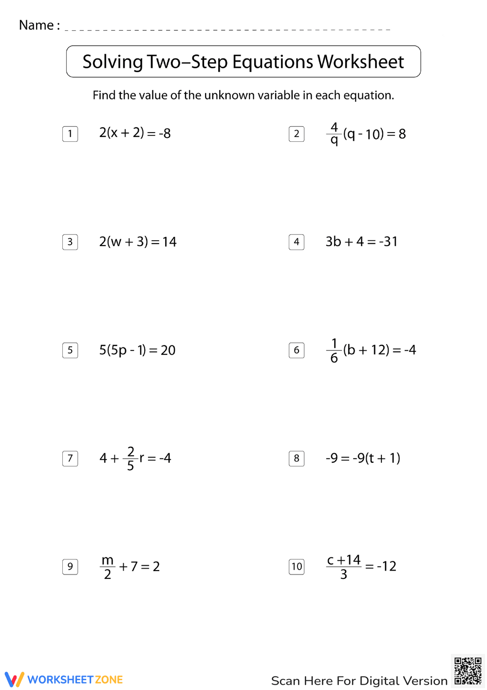 Two-Step Equations 6 - Page 1