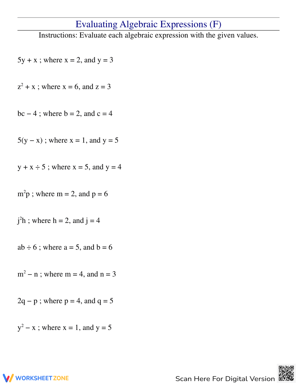 Evaluating Algebraic Expressions - Page 1