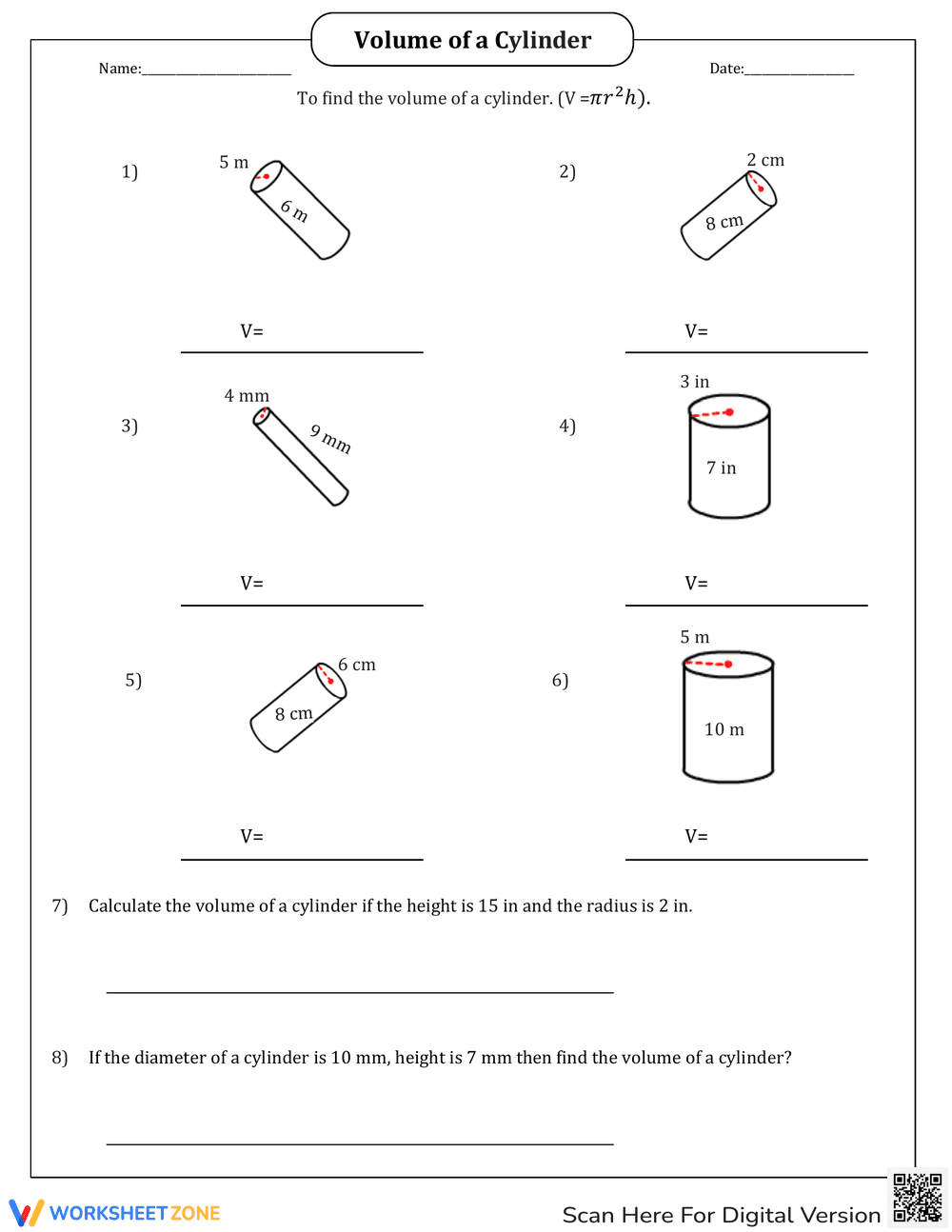 Calculate the Volume of a Cylinder - Page 1