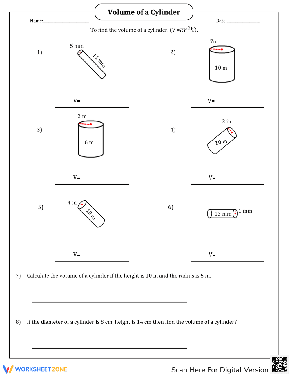 Calculating Volume of a Cylinder Worksheet - Page 1