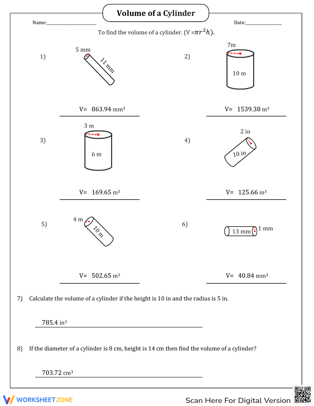 Calculating Volume of a Cylinder Worksheet - Page 2