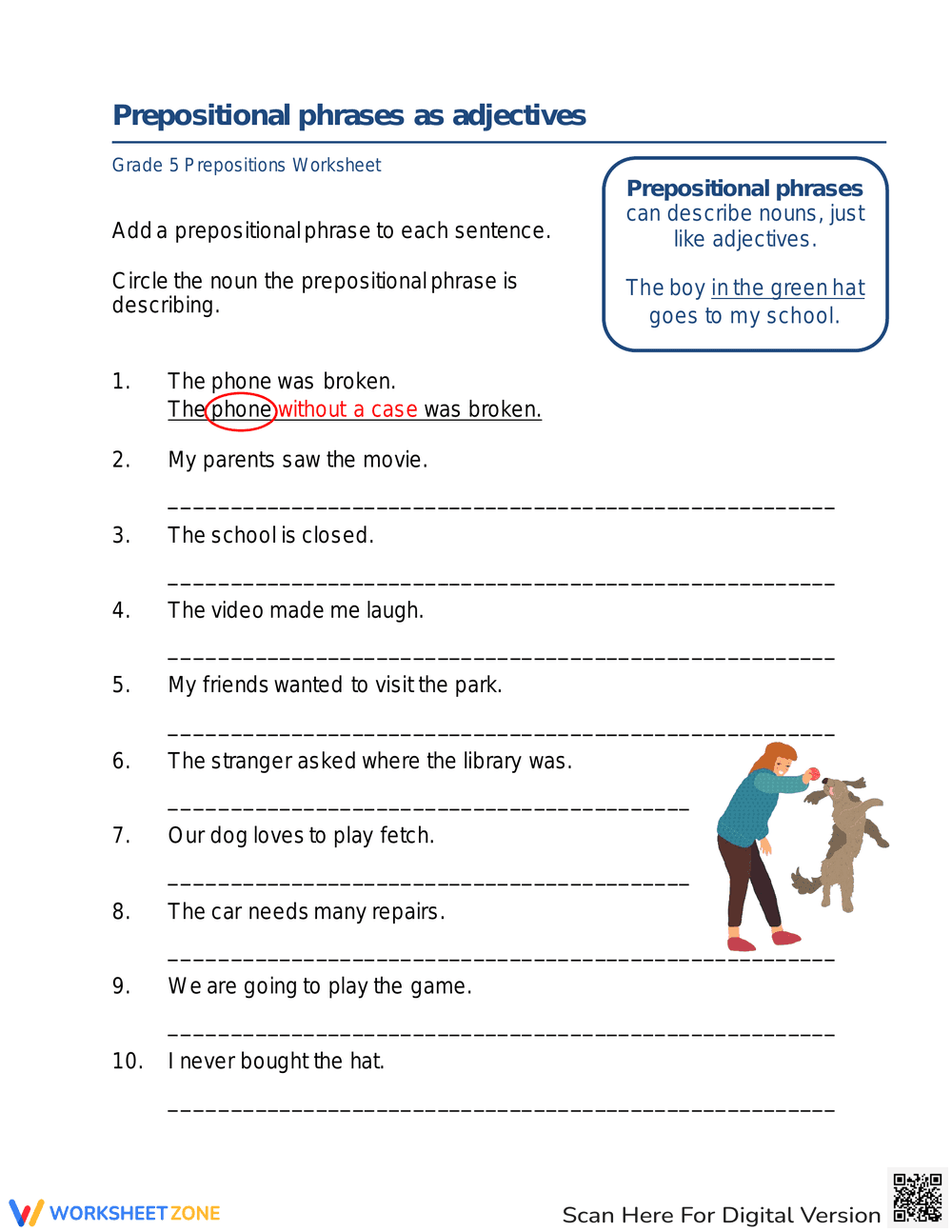 Prepositional Phrases as Adjectives Worksheet - Page 1