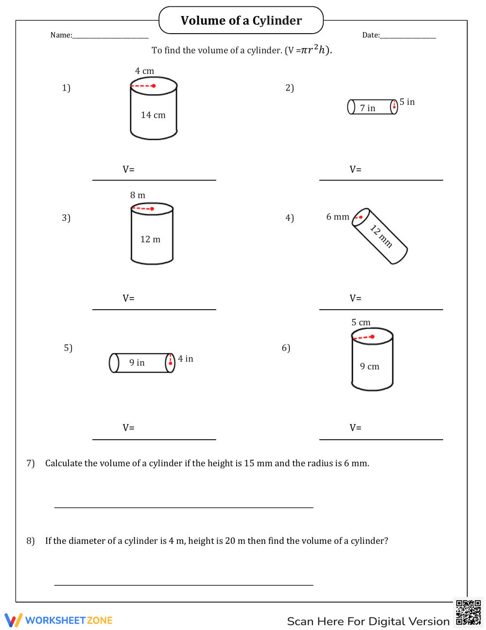 Calculate Volume of a Cylinder Practice - Page 1
