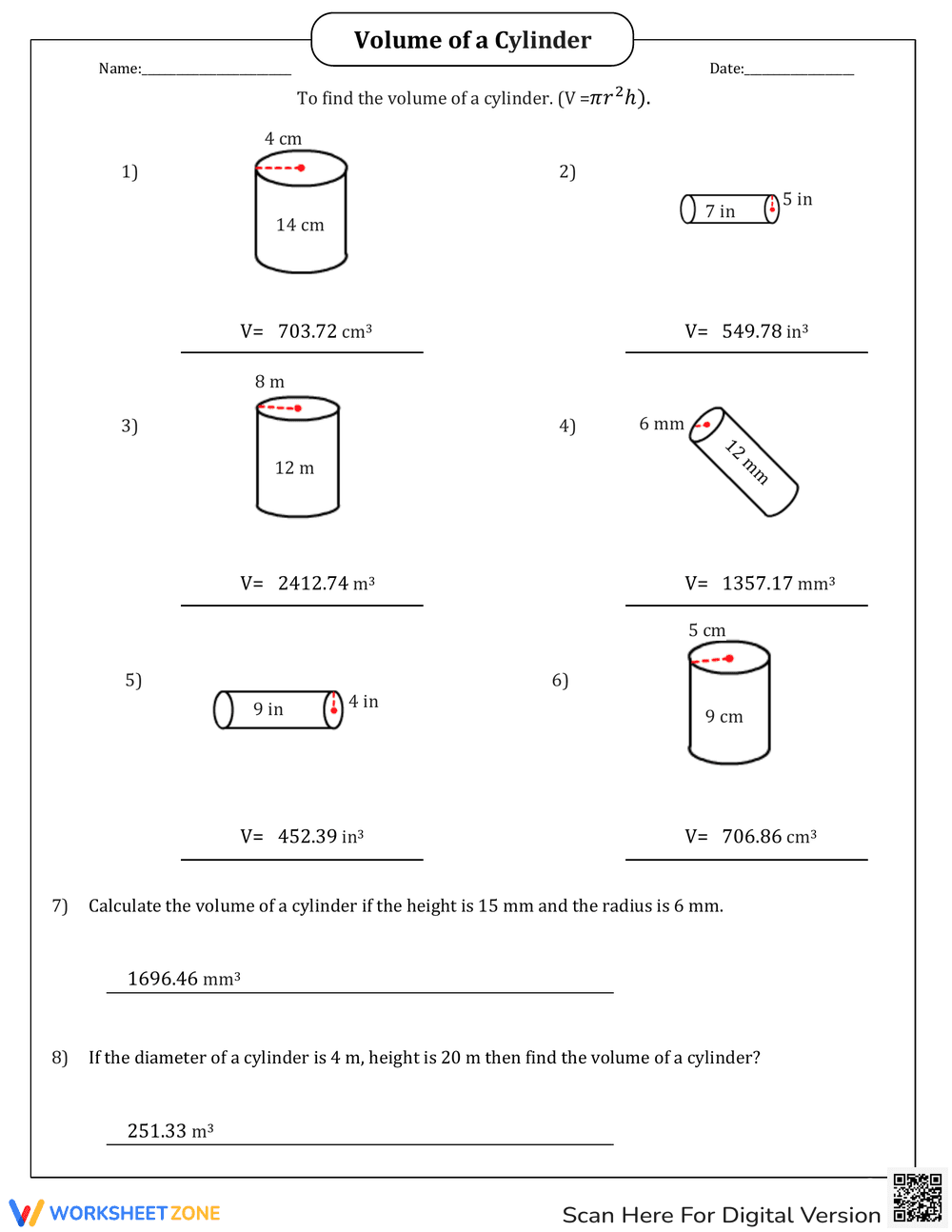 Calculate Volume of a Cylinder Practice - Page 2