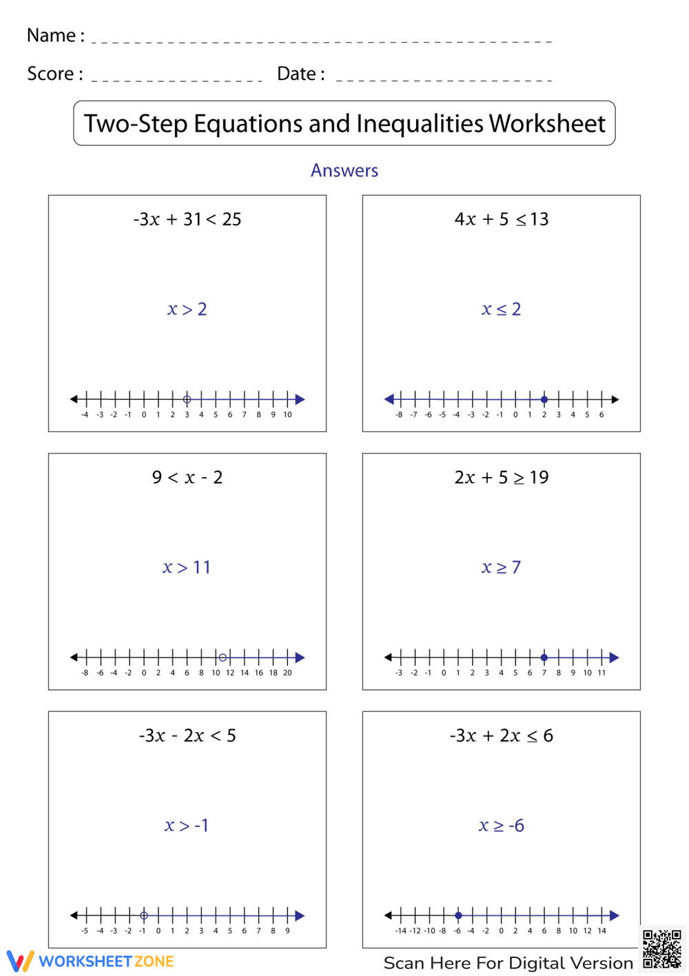 Two-Step Equations and Inequalities - Page 2