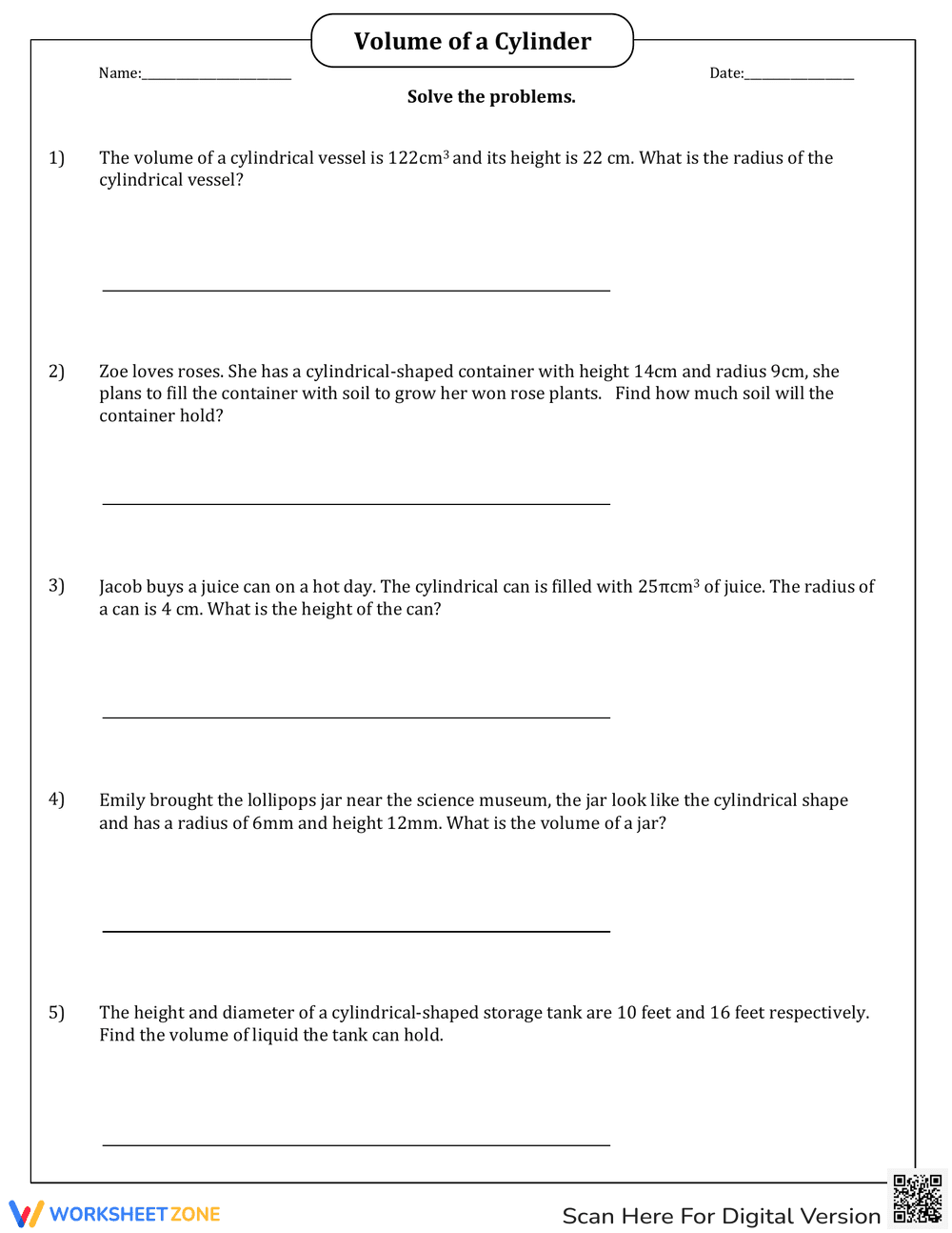Volume of a Cylinder Word Problems Worksheet - Page 1