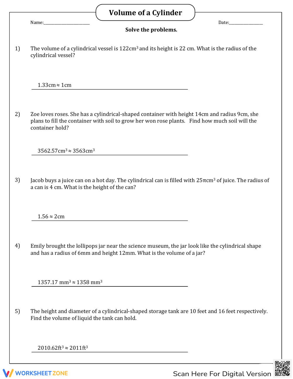 Volume of a Cylinder Word Problems Worksheet - Page 2