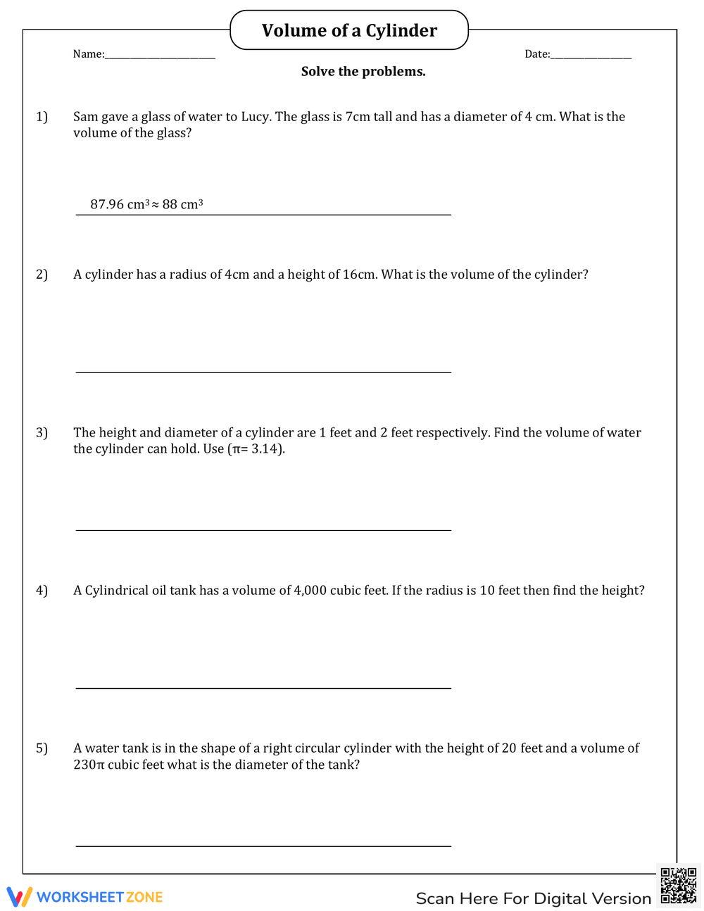 Find Volume of Cylinder in Word Problems - Page 1