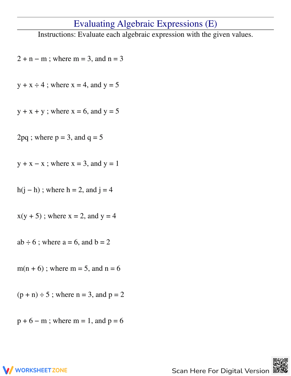 Evaluating Algebraic Expressions E - Page 1