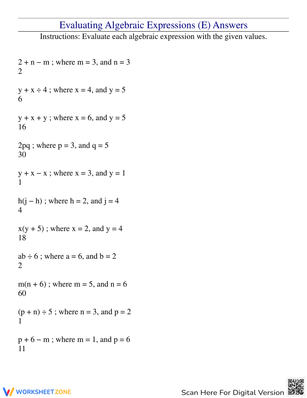 Evaluating Algebraic Expressions E - Page 2