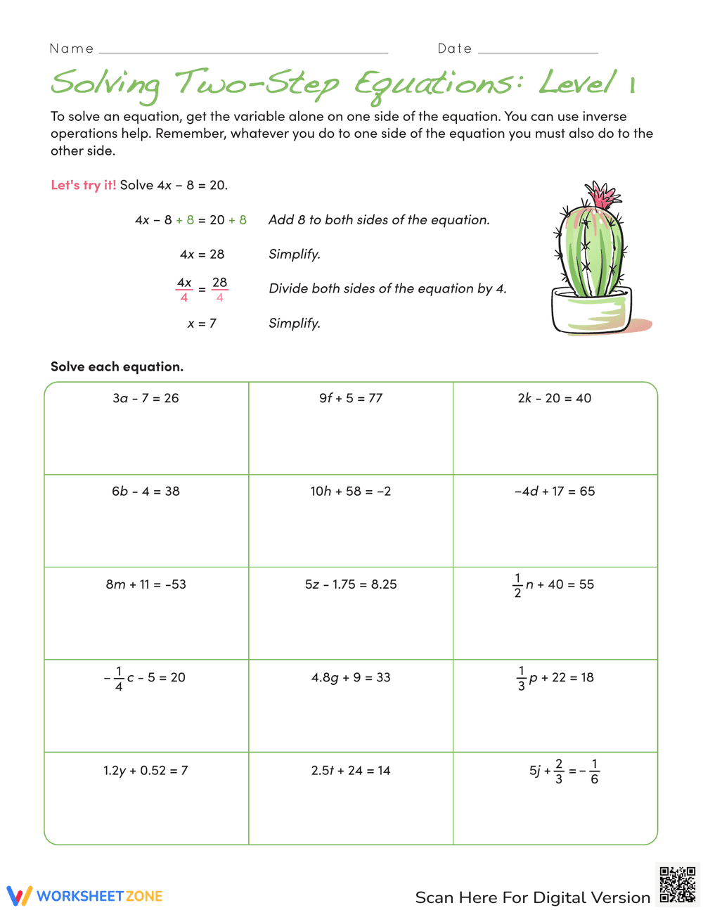 Solving Two-Step Equations Level 1 - Page 1