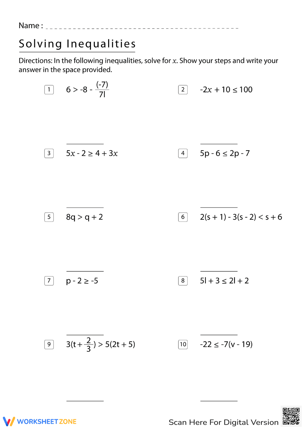 Solving Inequalities 6 - Page 1