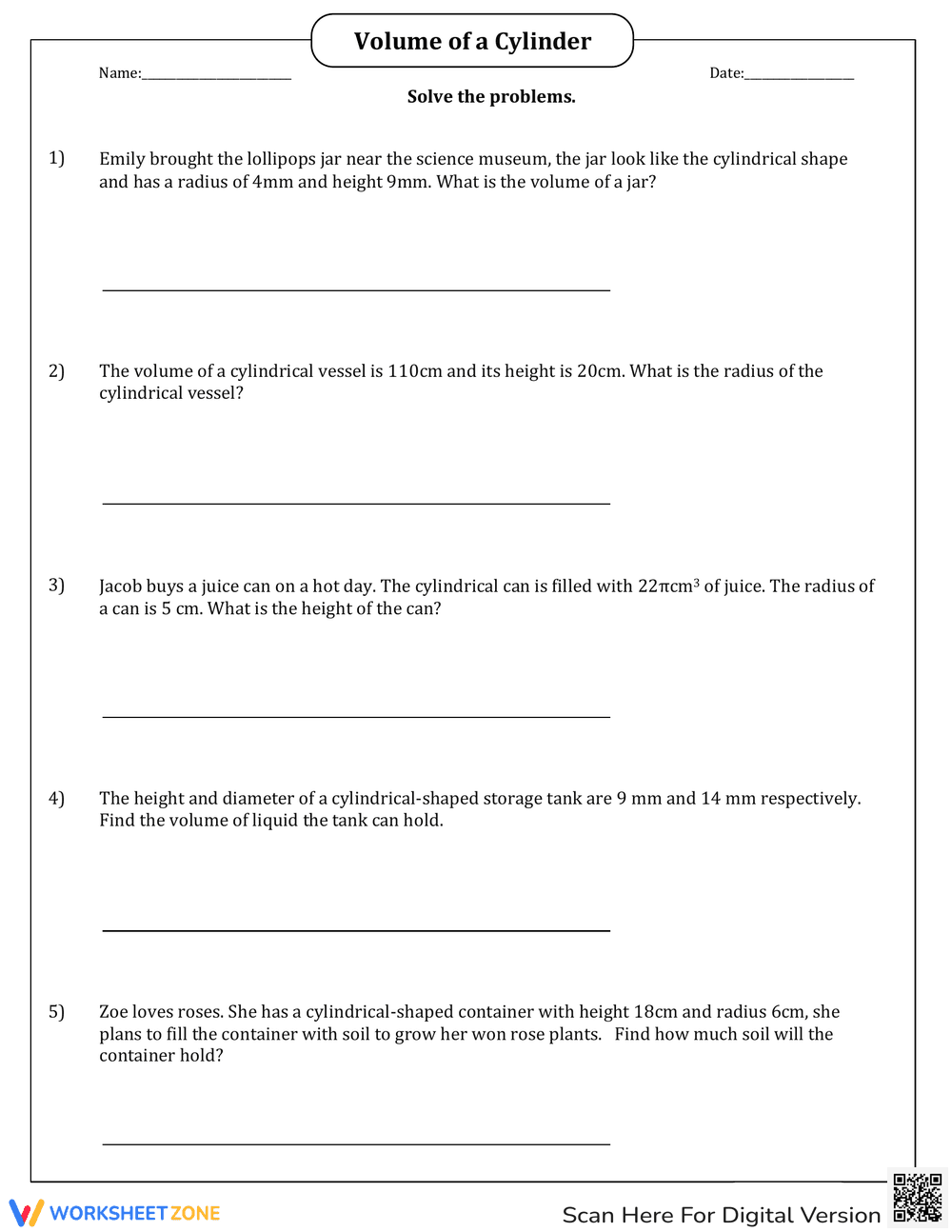 Find Volume of Cylinder Word Problems - Page 1