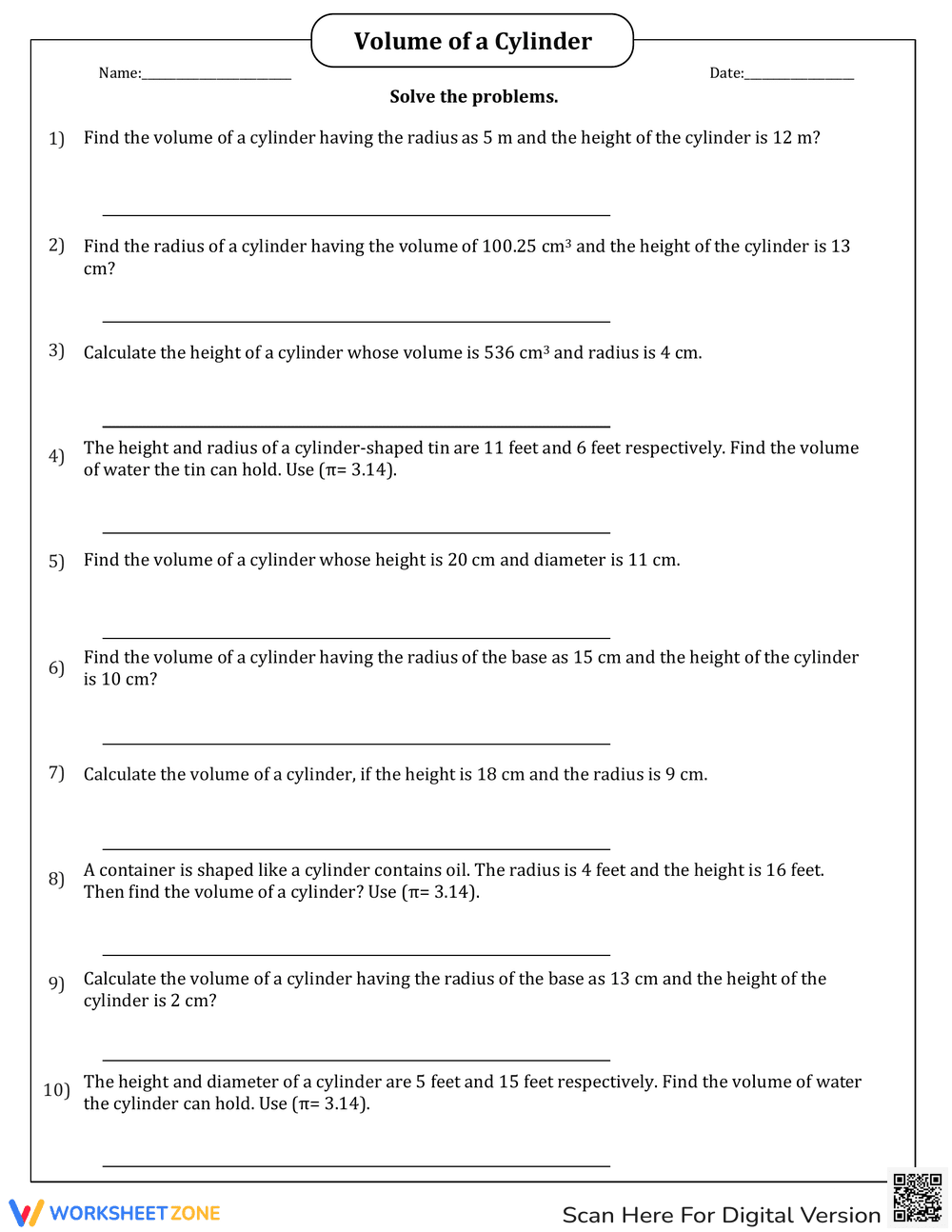Find the Volume of a Cylinder in Word Problems - Page 1