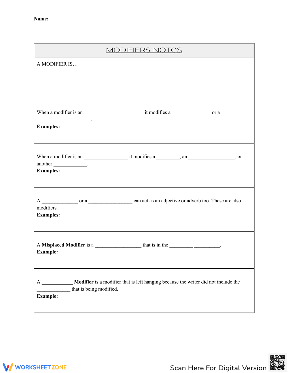 Understand Modifiers with Grammar Note Sheet - Page 1