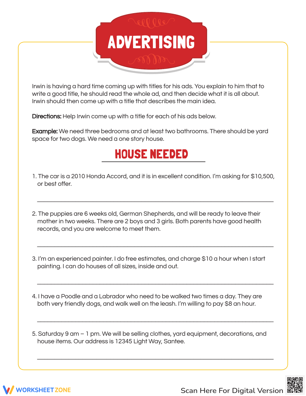 Identify the Main Idea Worksheet - Page 1