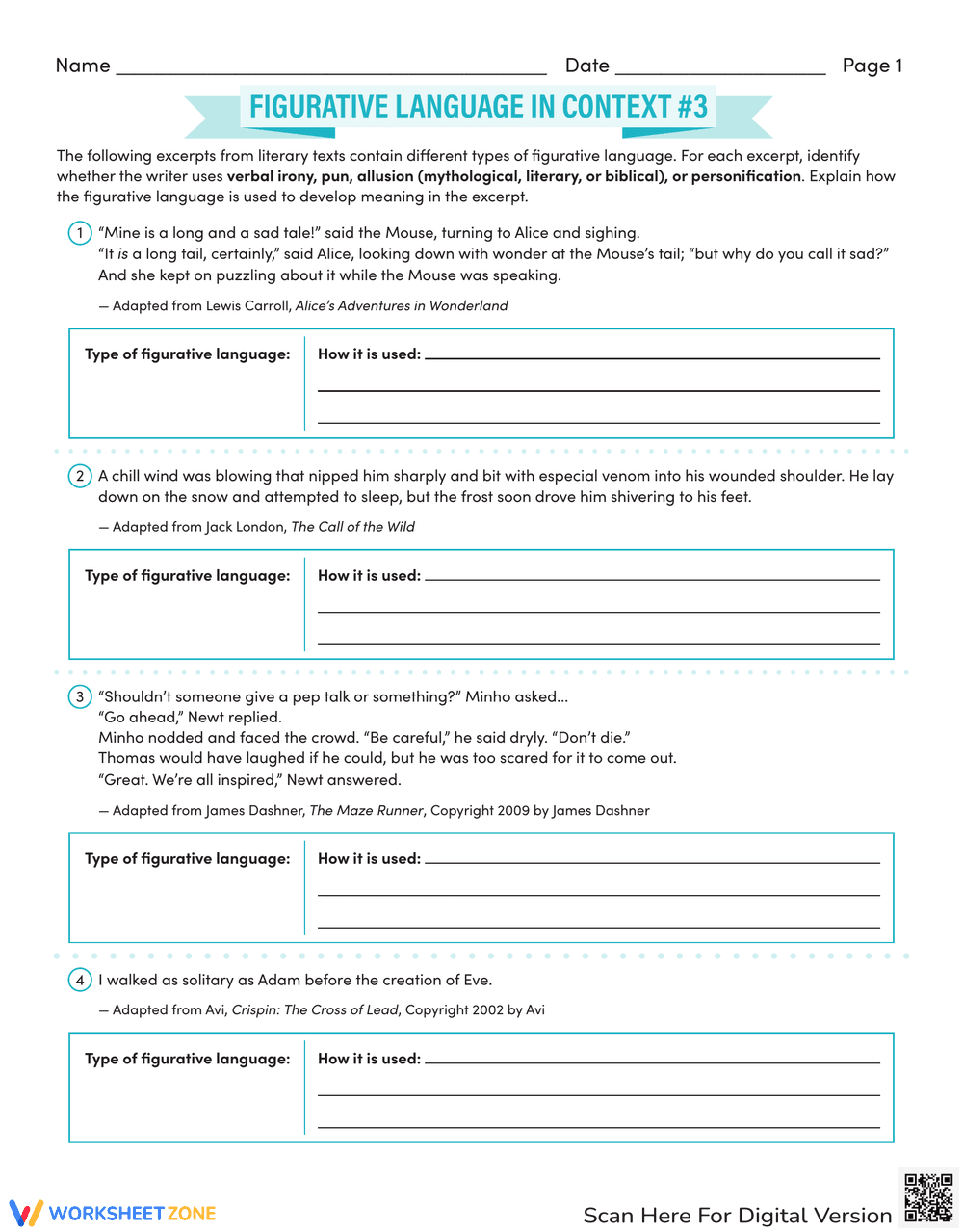 Figurative Language in Context Worksheet - Page 1