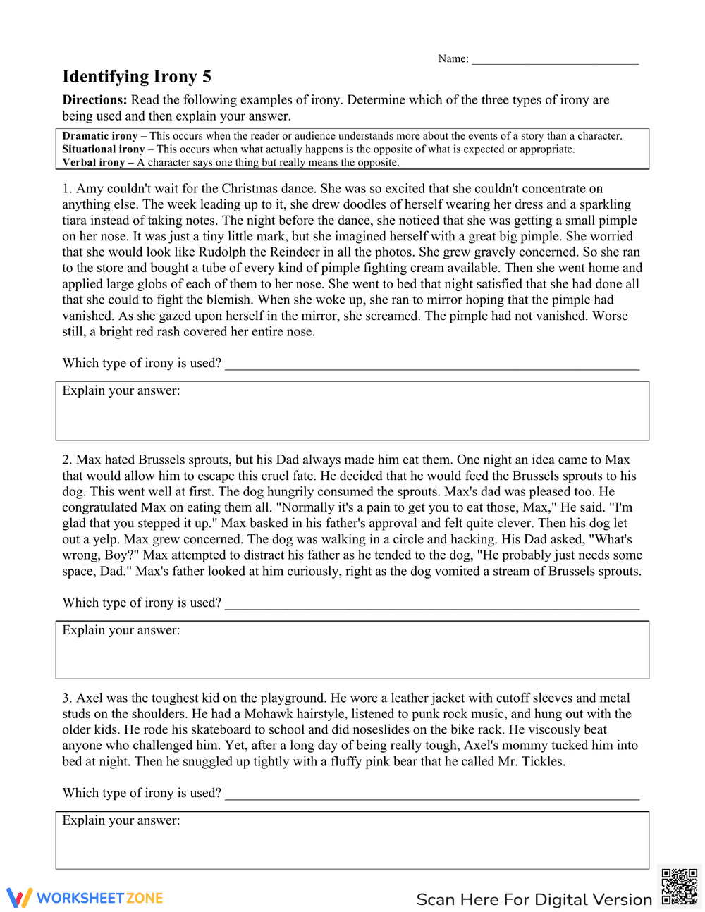 Identifying Irony in Context Worksheet - Page 1