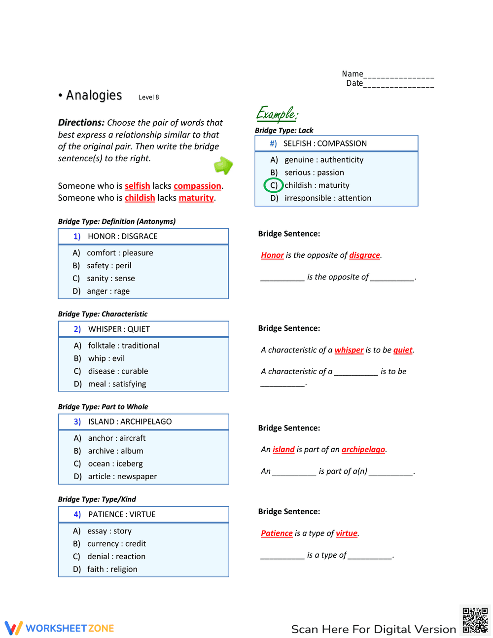 Grade 8 Analogies Worksheet - Page 1