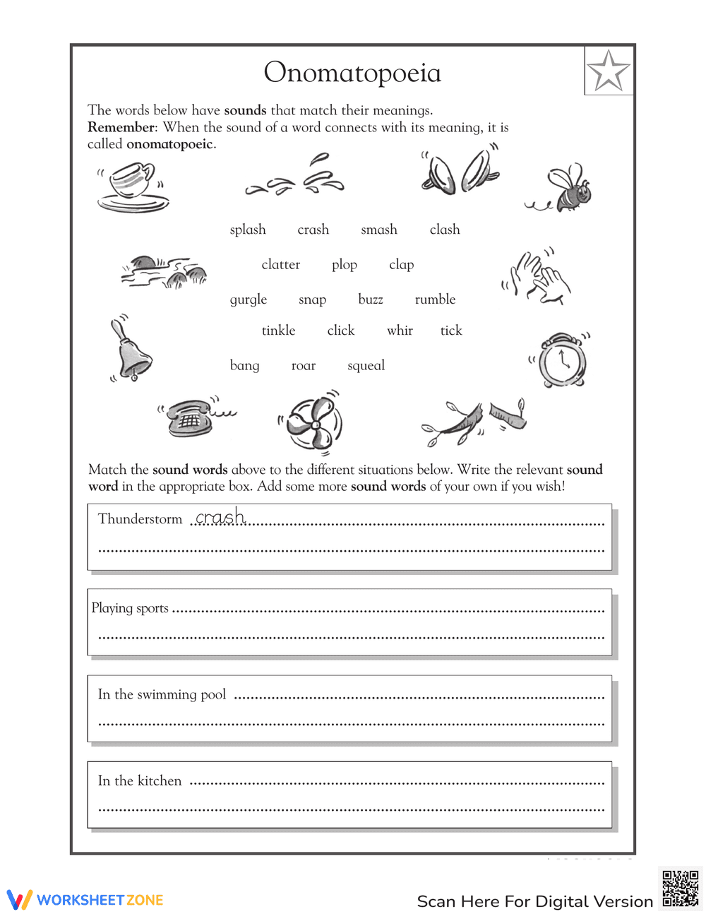 Explore Onomatopoeia Worksheet - Page 1