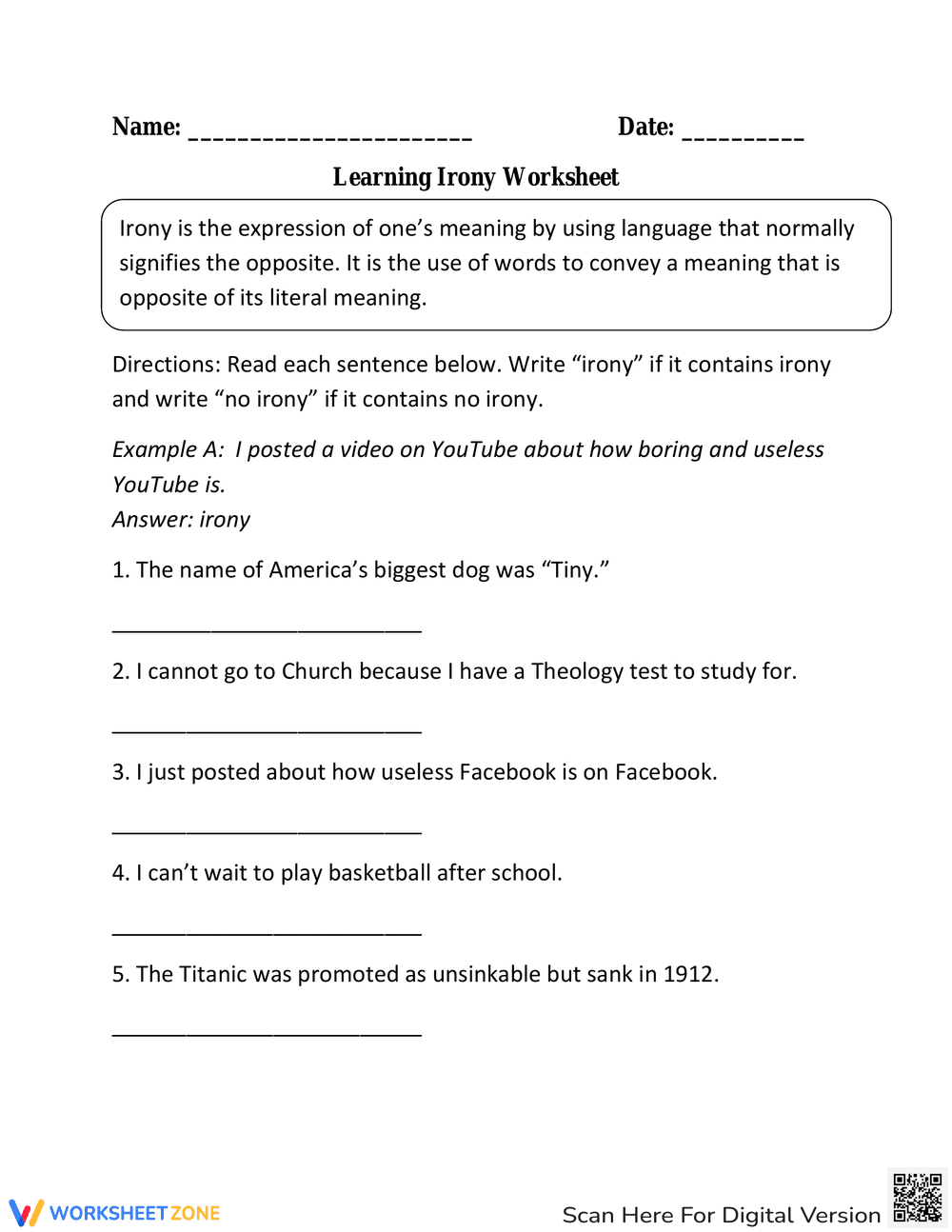 Understanding Irony Worksheet - Page 1
