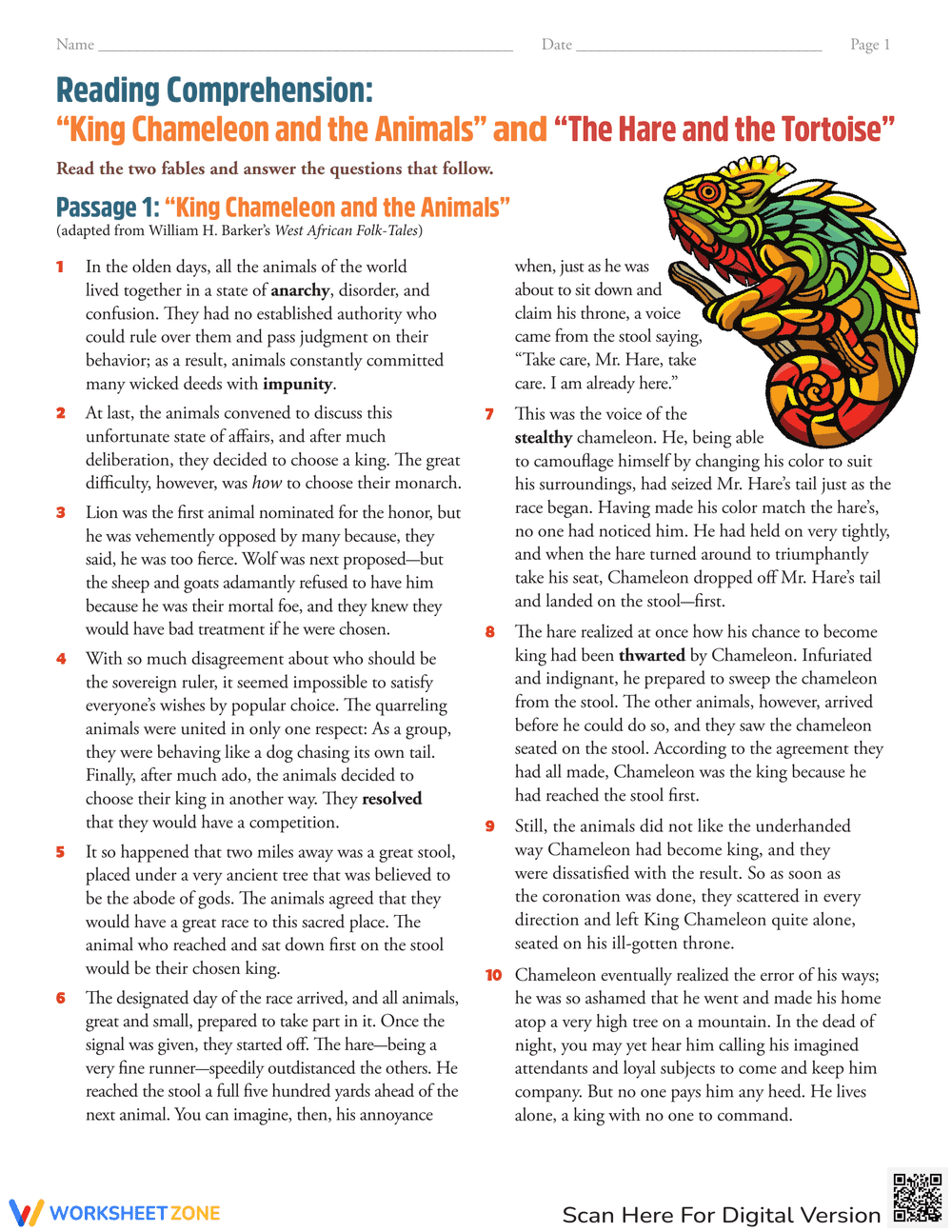 Reading Comprehension: King Chameleon and Animals Story - Page 1