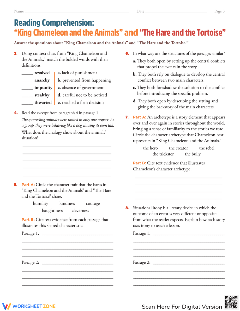 Reading Comprehension: King Chameleon and Animals Story - Page 3