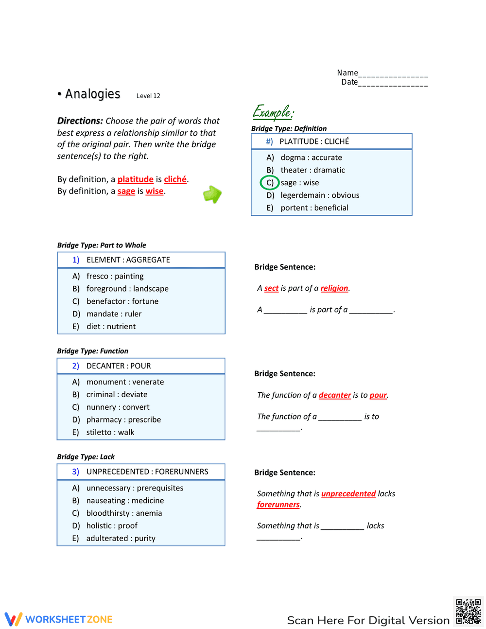 Grade 12 Analogies: Advanced Practice - Page 1