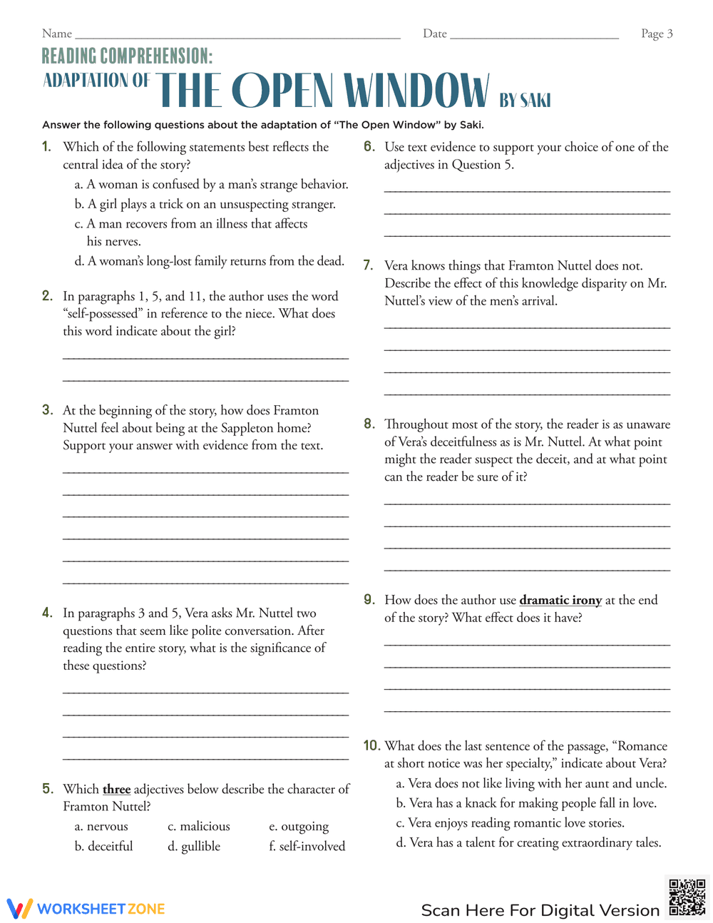 Reading Comprehension: 'The Open Window' Story - Page 3