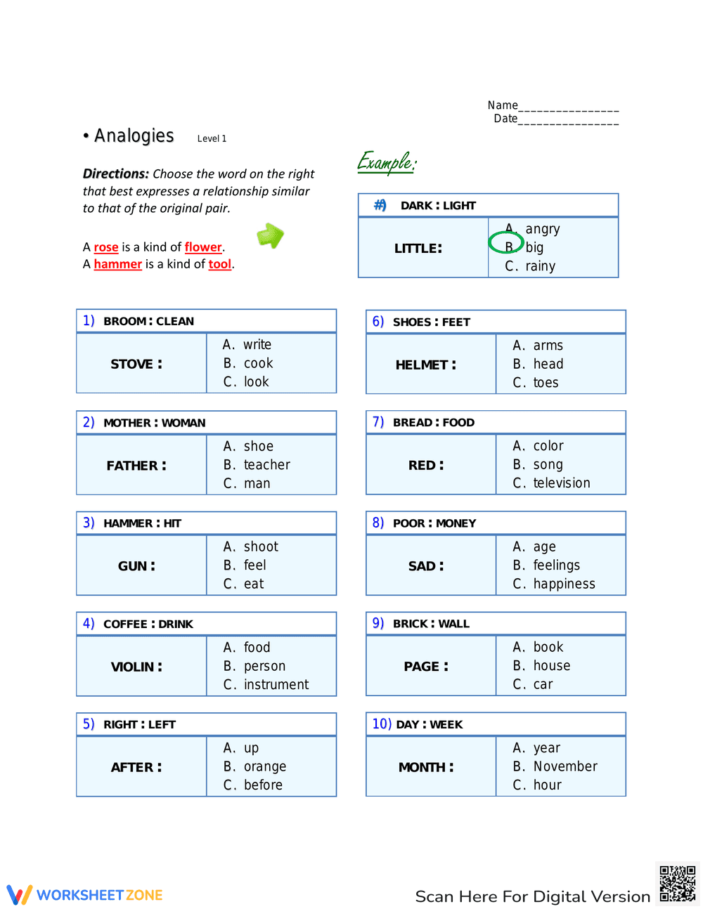 Grade 1 Analogies: Easy Practice Worksheet - Page 1