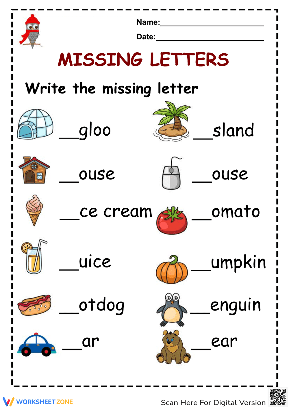 Missing Letter Worksheets: Complete the Word - Page 1