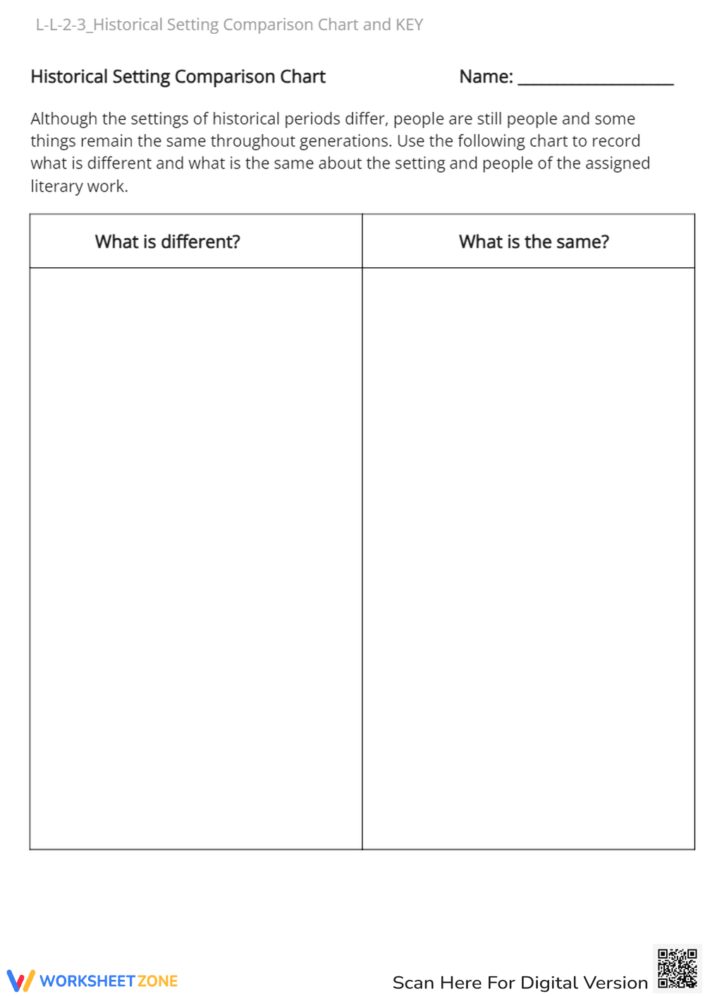 Historical Setting Comparison Chart - Literary Analysis Grades 6-8 - Page 1