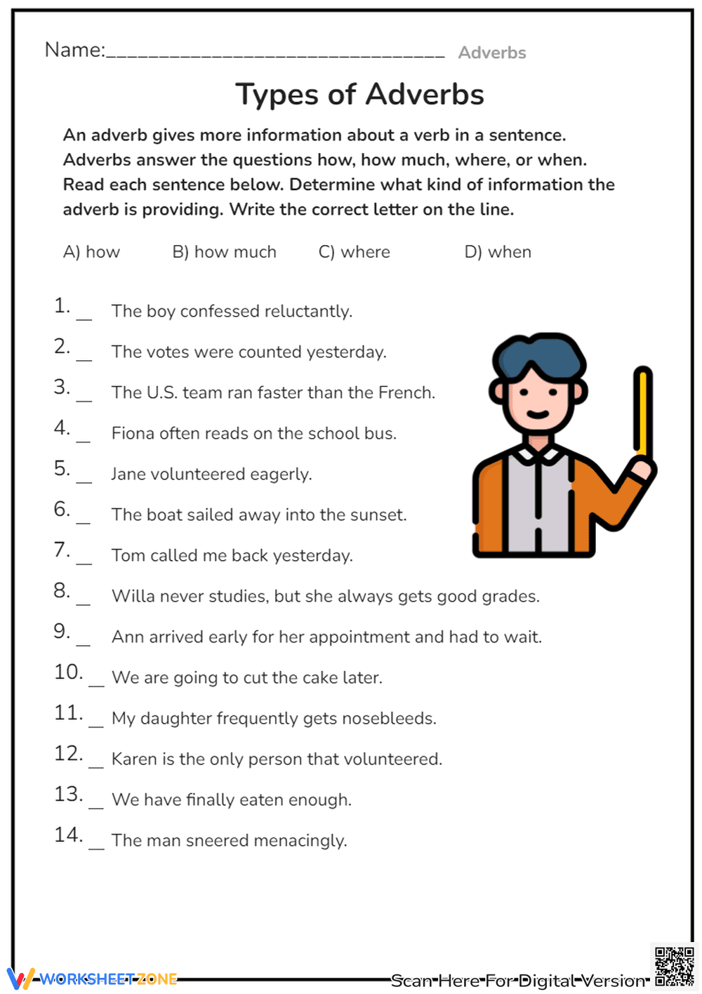 Types of Adverbs Grammar Worksheet - Page 1