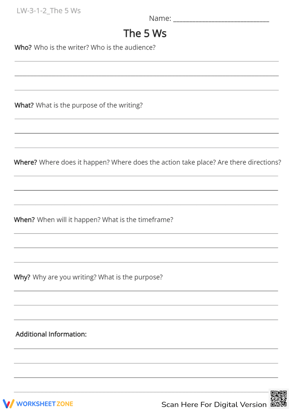 The 5 Ws Reading Comprehension Worksheet - Grades 3-5 - Page 1