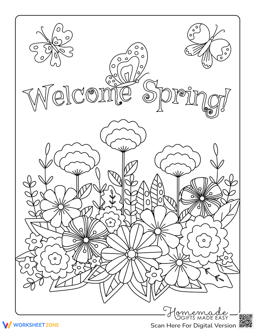 Detailed Spring Flowers and Butterflies Coloring Page - Page 1