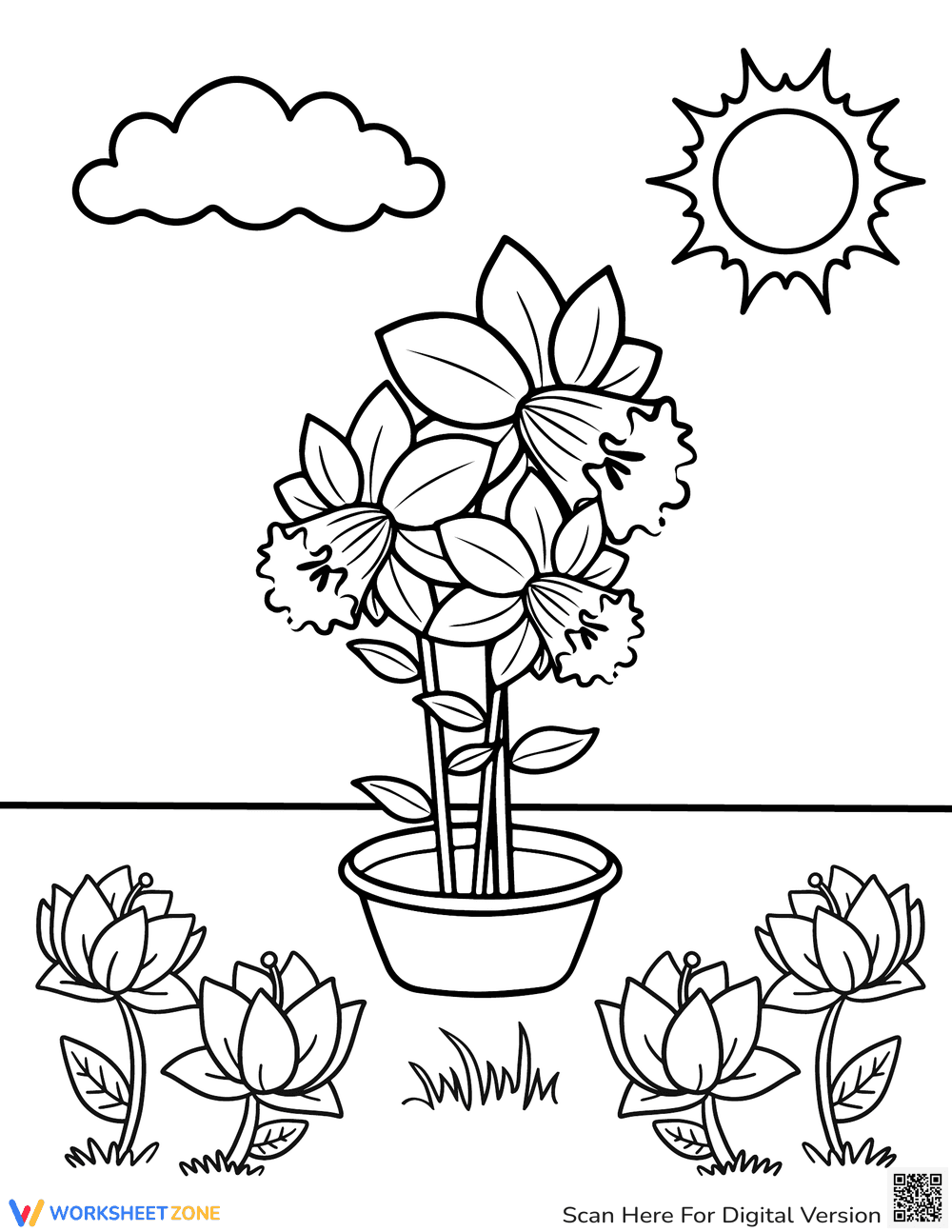 Potted Daffodils: Spring Coloring Page - Page 1