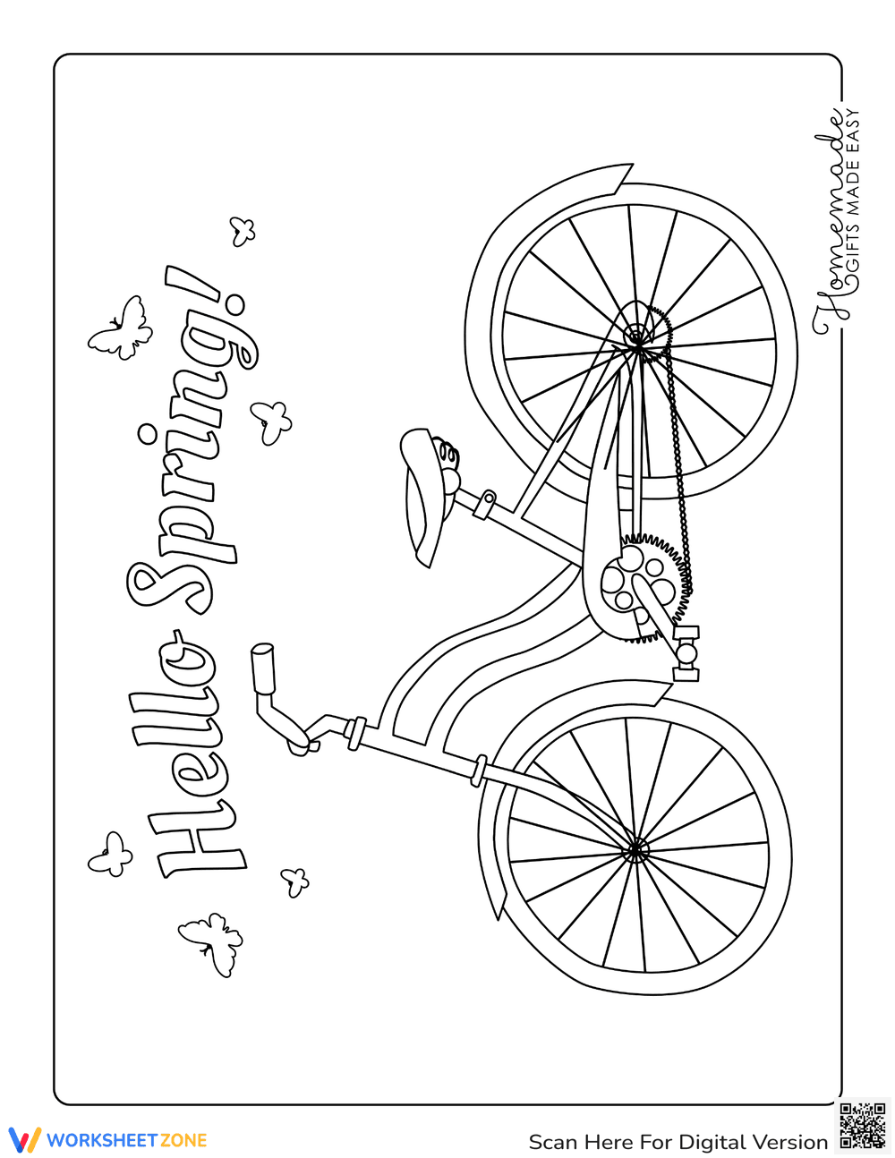 Hello Spring Bicycle: Coloring Page Fun - Page 1
