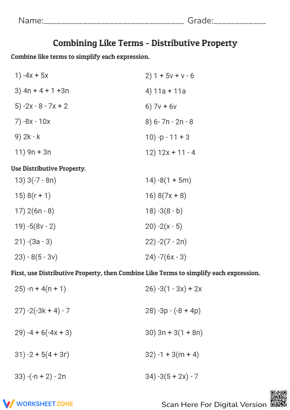 Combining Like Terms with Distributive Property: Algebra Worksheet - Page 1