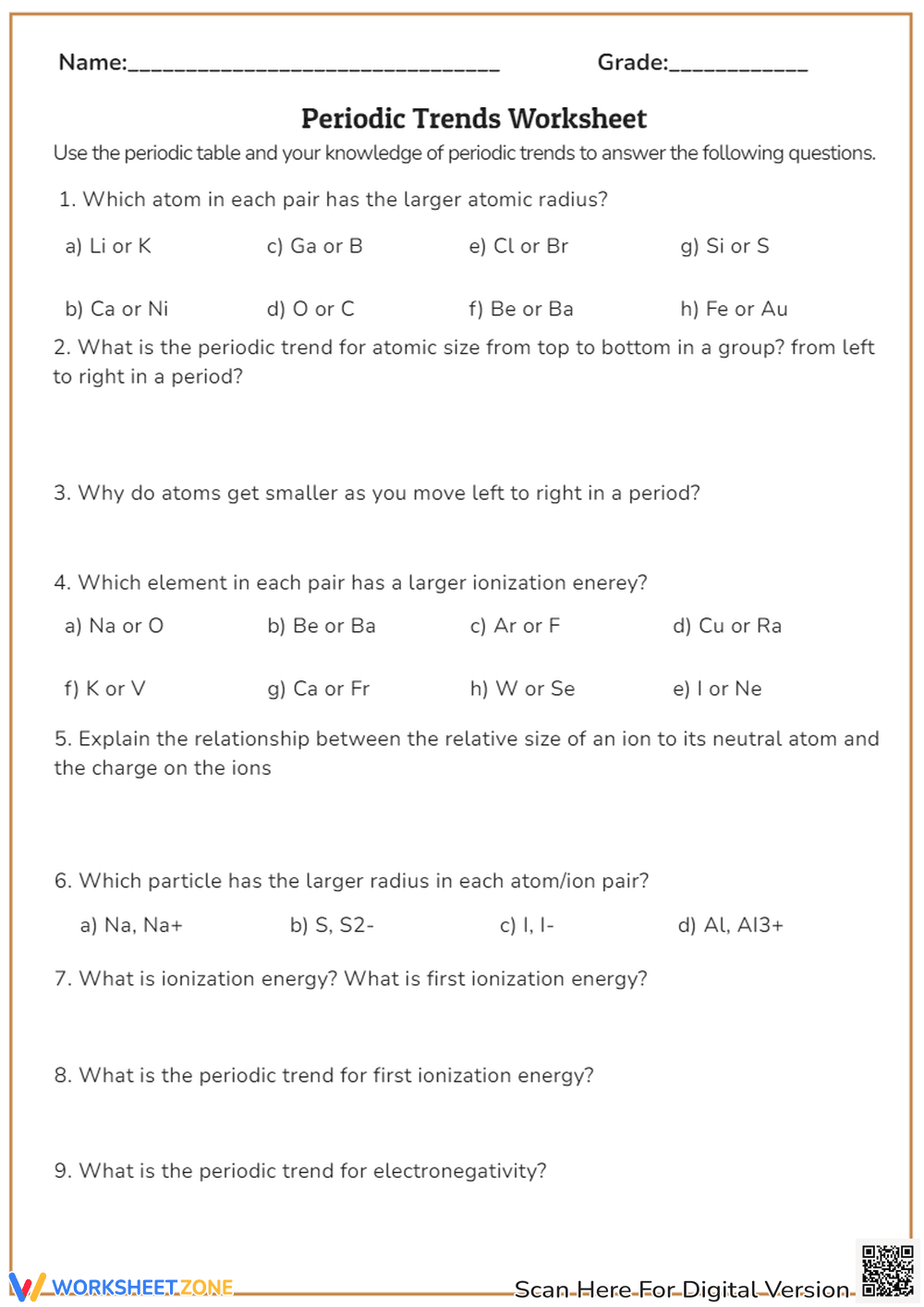 Periodic Trends Worksheet - Page 1