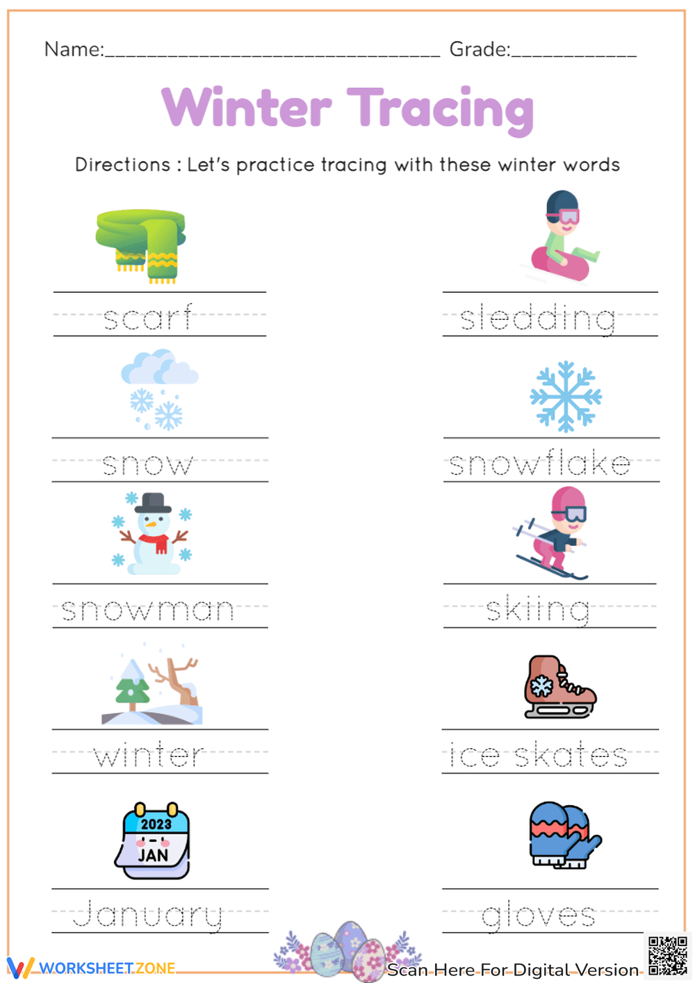 Winter Words Tracing Worksheet - Fine Motor Skills Practice - Page 1