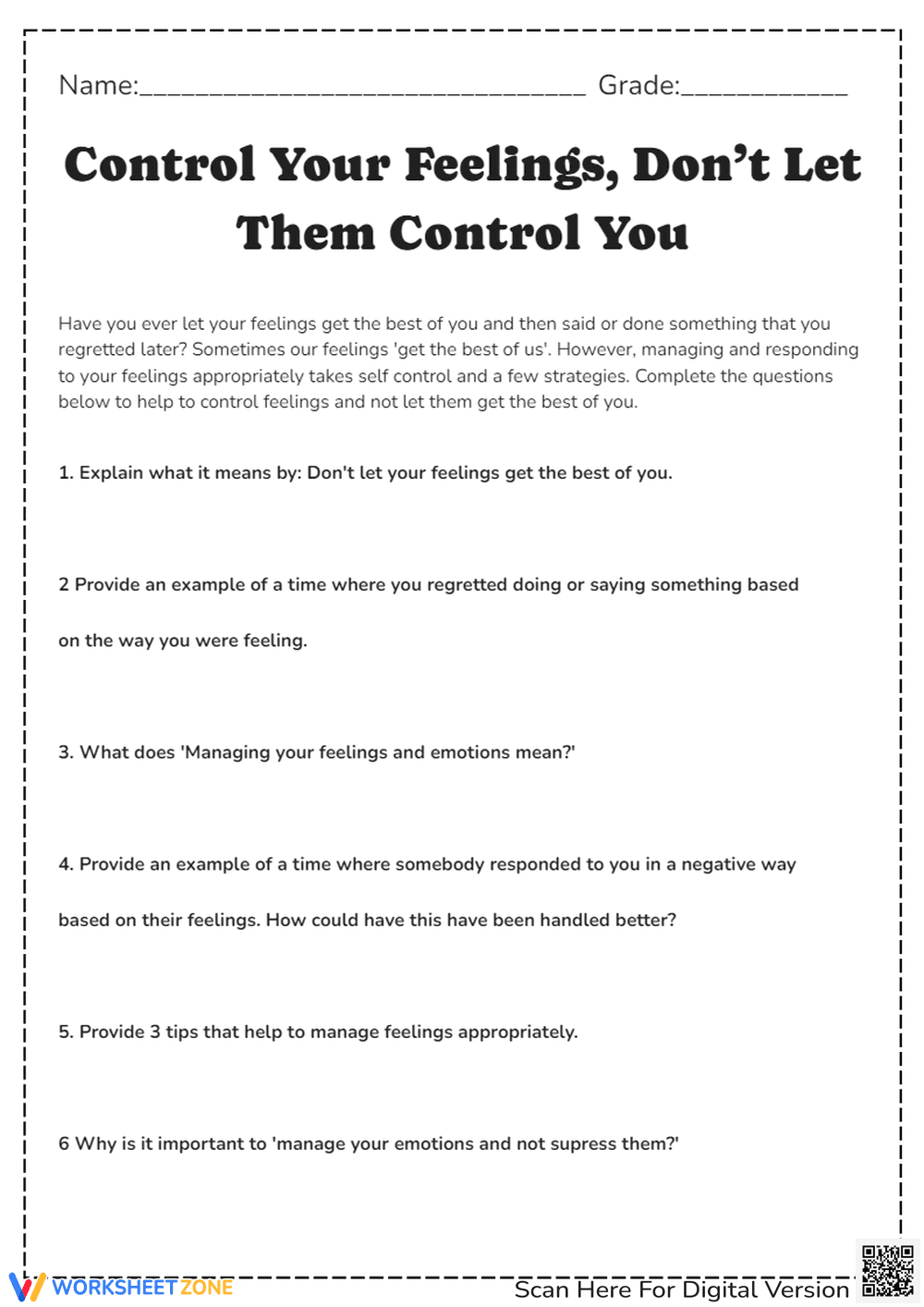 Feelings Control Worksheet: Emotional Regulation & Self-Control Guide - Page 1