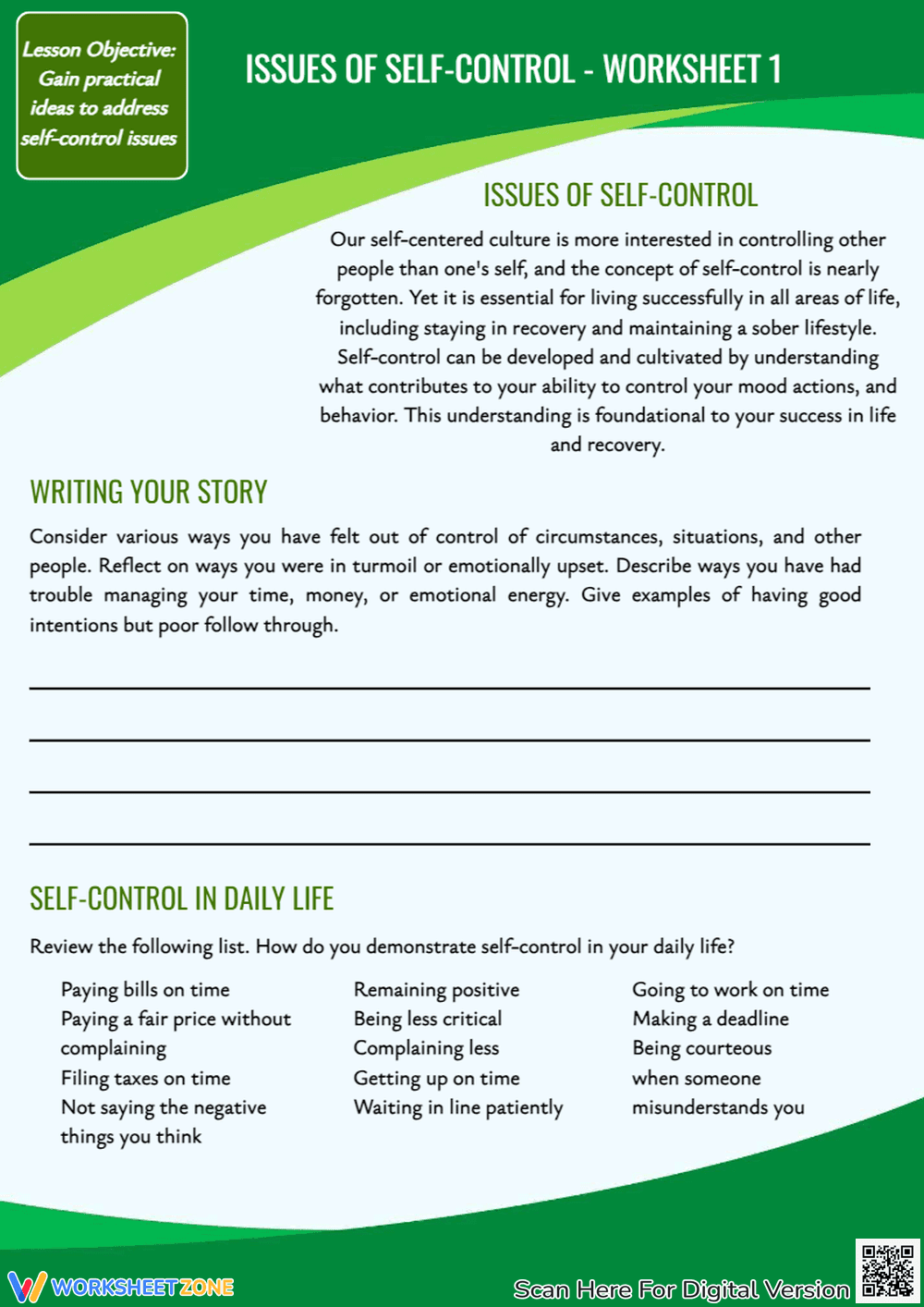 Exploring Issues of Self-Control Worksheet - Page 1