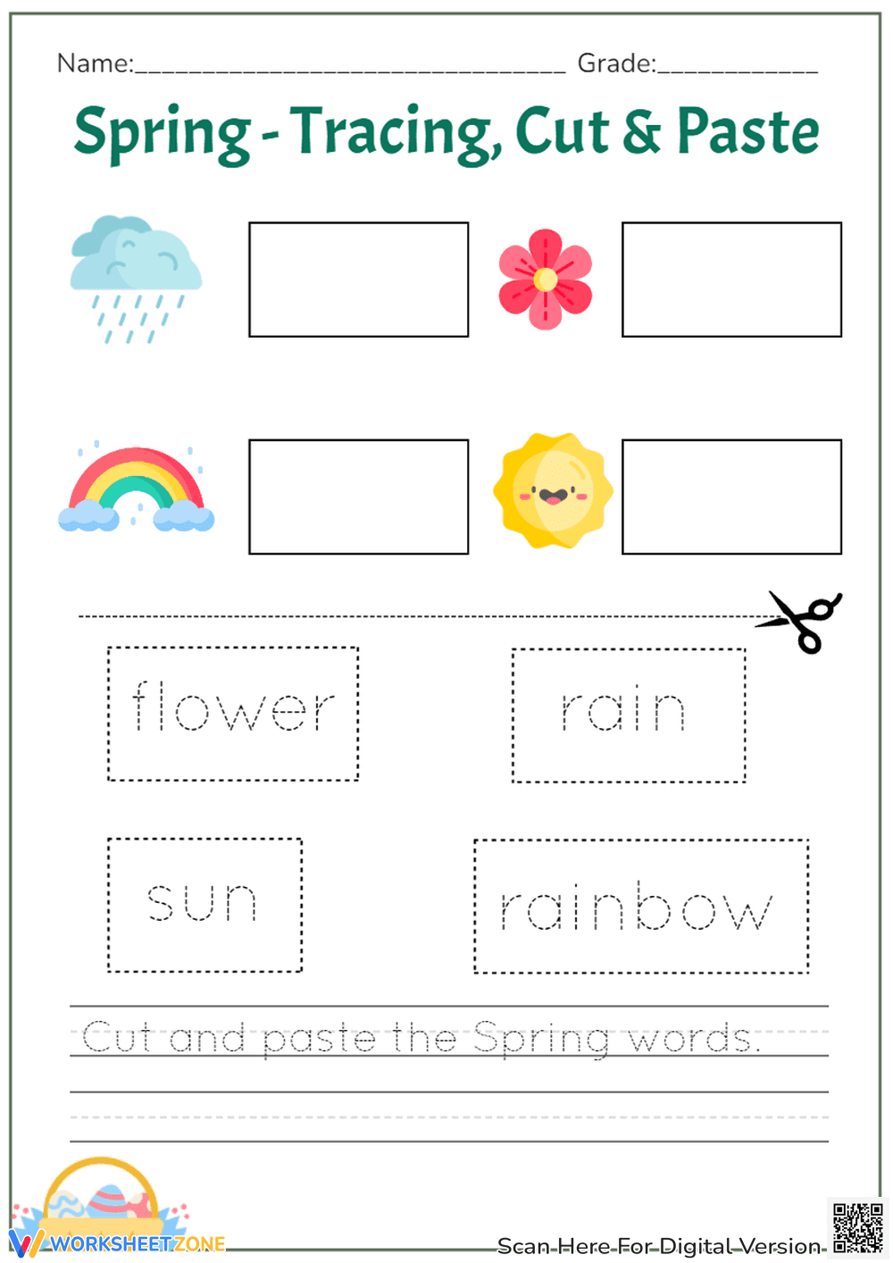 Spring Words: Trace, Cut & Paste - Preschool Activity Fun - Page 1