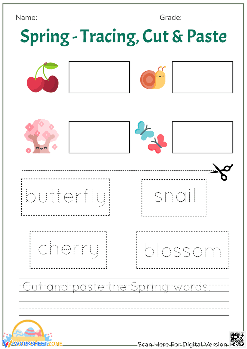 Spring Tracing and Cut Worksheet - Page 1