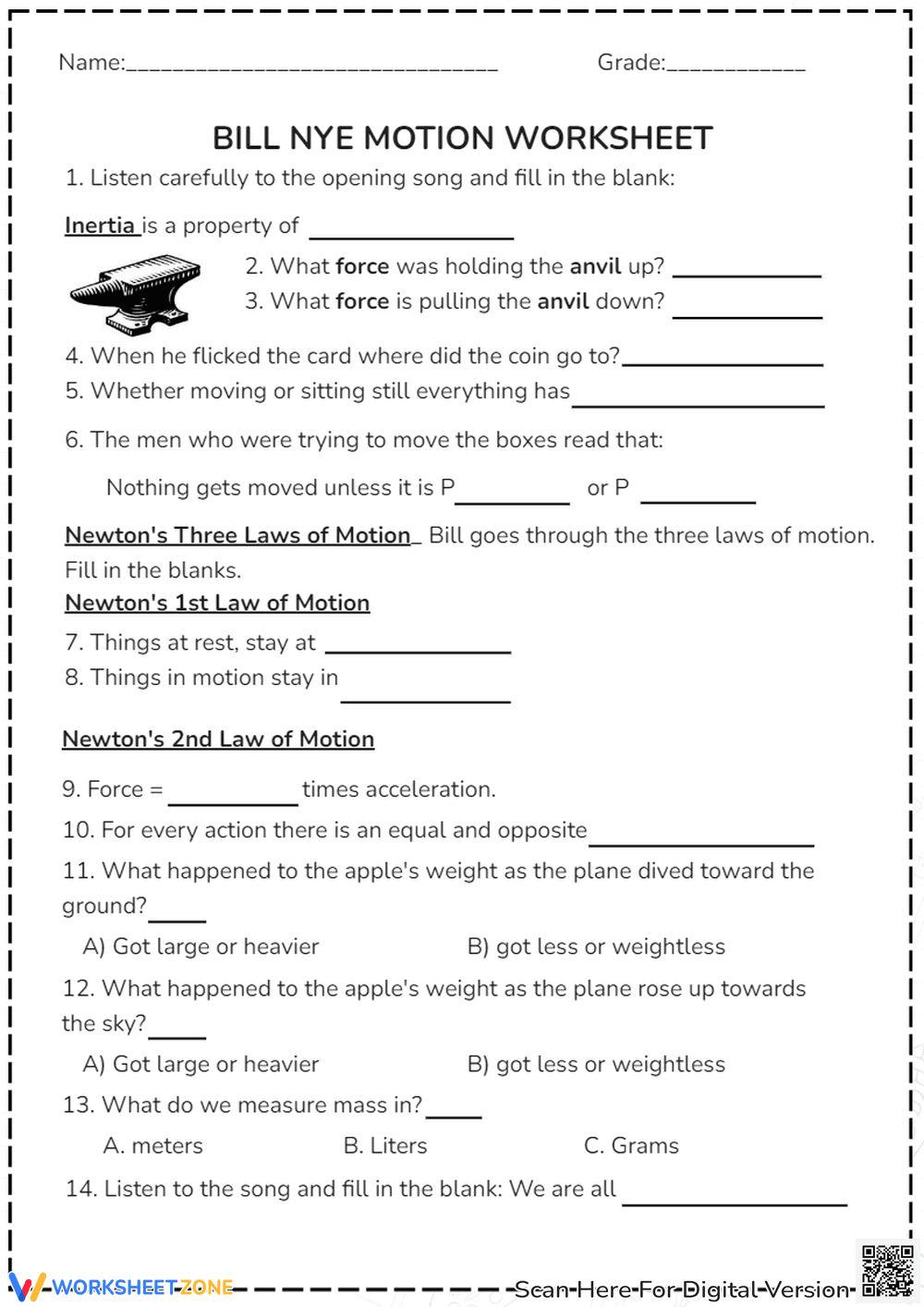 Bill Nye Motion Worksheet - Page 1