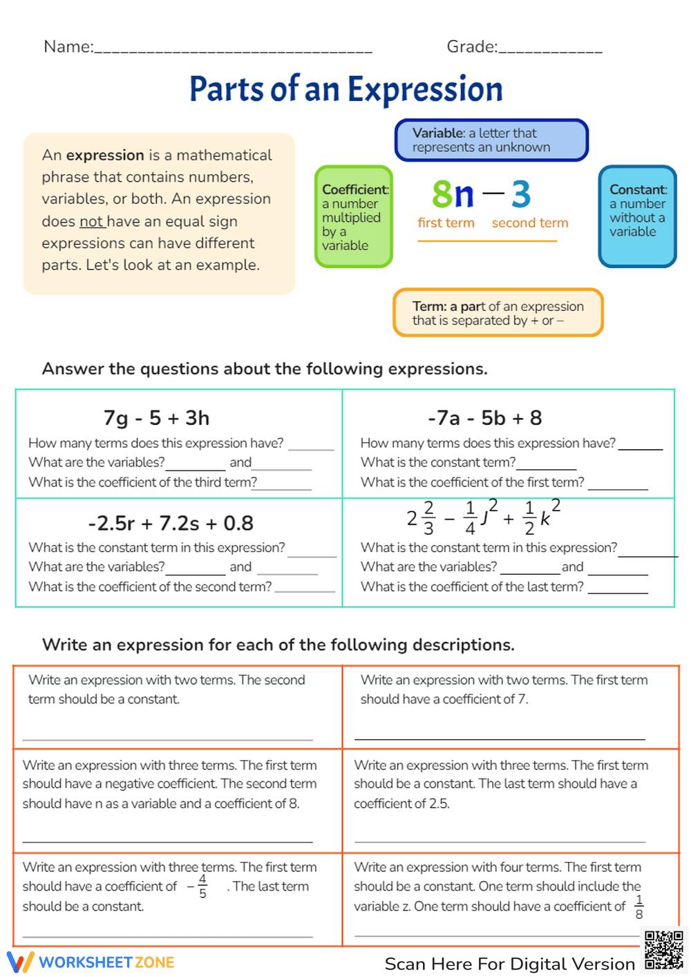 Algebraic Expressions: Parts of an Expression Worksheet - Page 1
