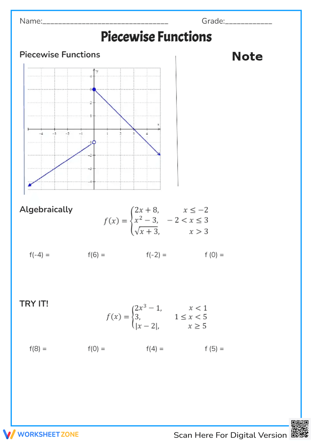 Piecewise Functions Worksheet: Evaluate & Graph - High School Math - Page 1