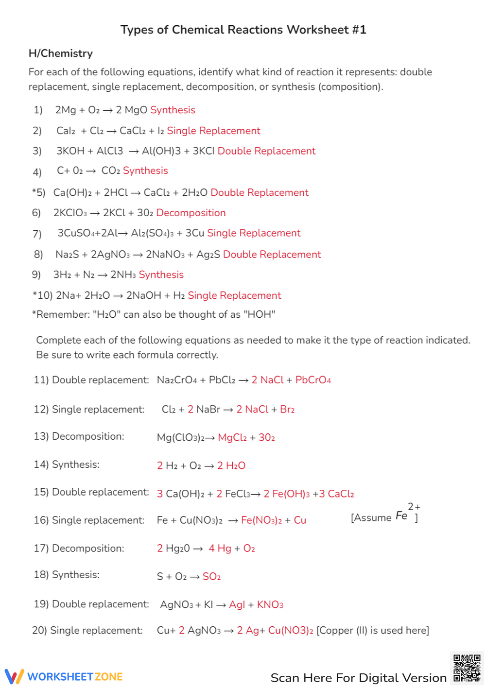Chemical Reactions Worksheet: Synthesis, Decomposition & More! - Page 1